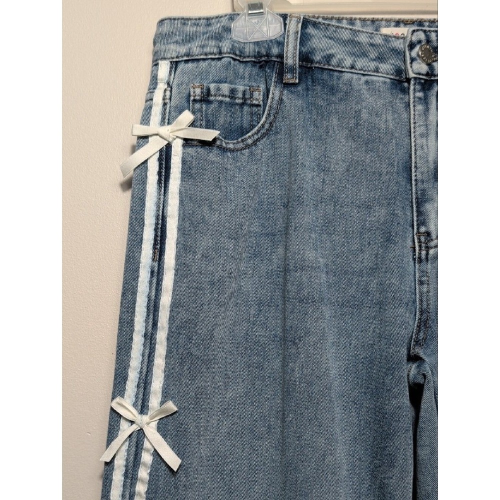 1030 Ten Thirty Wide Leg Jeans White Bow Ribbon Trim Coquette Size 9/29 Med Wash - Picture 4 of 14